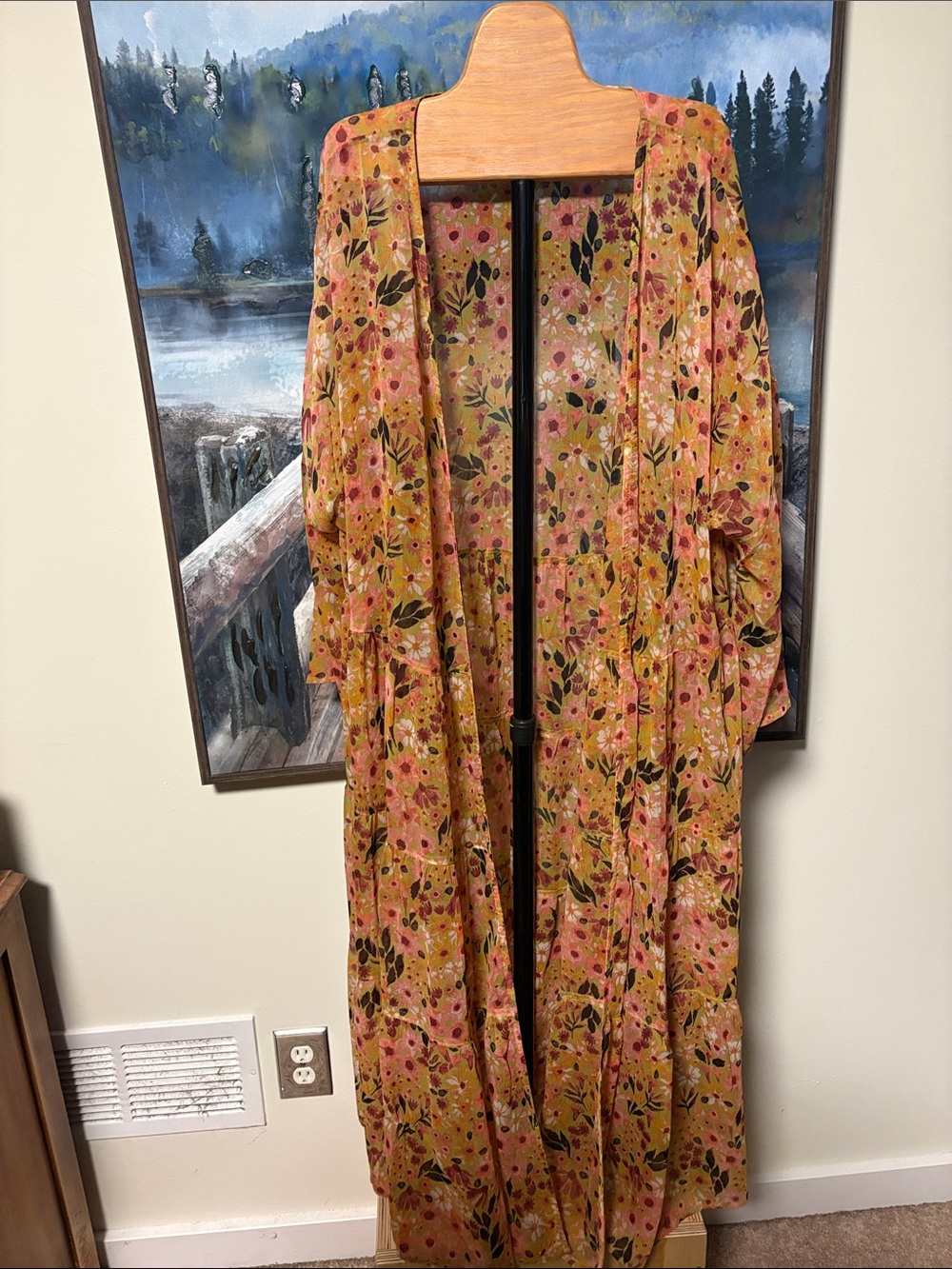 Sonoma Floral Long Kimono Duster in Mustard and Pink